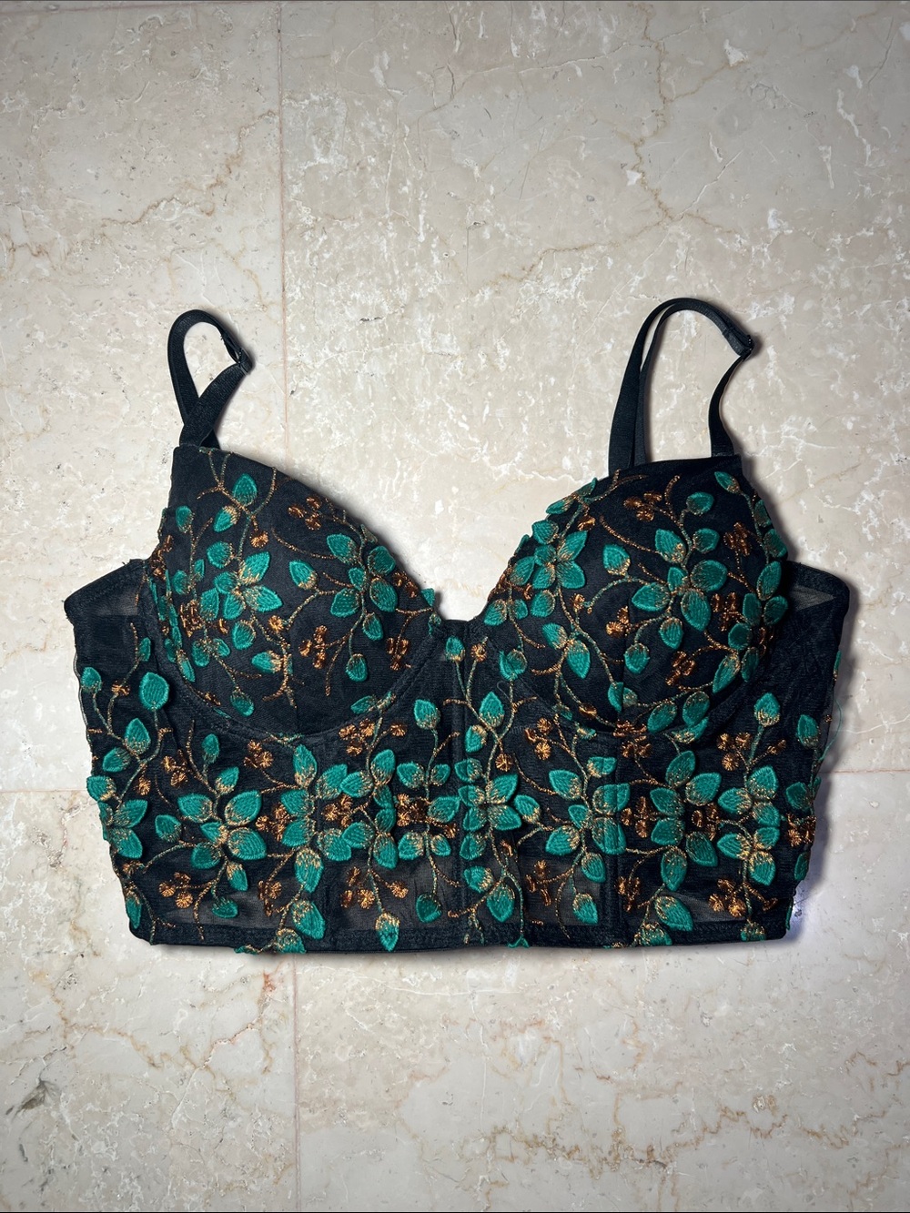 NWOT Windsor Black Longline Bra with Green and Gold Floral Embroidery